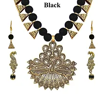 Peacock Stylish Antique Pearl(10MM Beads) German Oxidized Necklace and Earring With Adjustable Dori  for Women and Girls(Black).-thumb1