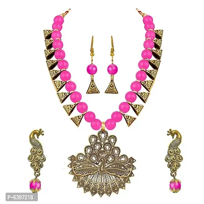 Peacock Stylish Antique Pearl(10MM Beads) German Oxidized Necklace and Earring With Adjustable Dori  for Women and Girls(Pink).-thumb0