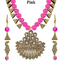 Peacock Stylish Antique Pearl(10MM Beads) German Oxidized Necklace and Earring With Adjustable Dori  for Women and Girls(Pink).-thumb1