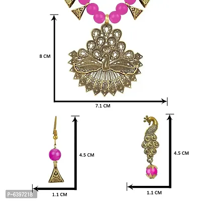 Peacock Stylish Antique Pearl(10MM Beads) German Oxidized Necklace and Earring With Adjustable Dori  for Women and Girls(Pink).-thumb3