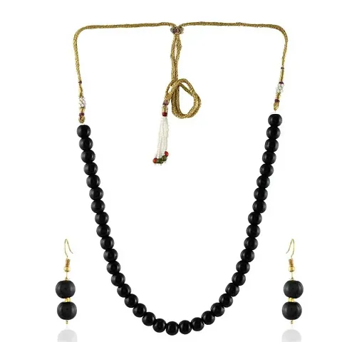 Round Shape Pearls Necklace and Earring With Adjustable Dori for Women and Girls (Black).