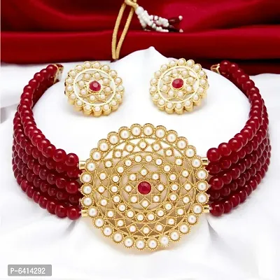 Gold Plated Choker Necklace and Earring With Adjustable Dori For Women and Girls(Maroon).-thumb0