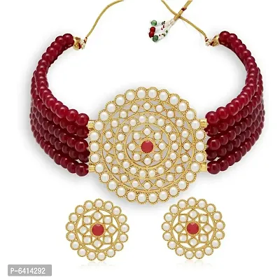 Gold Plated Choker Necklace and Earring With Adjustable Dori For Women and Girls(Maroon).-thumb2