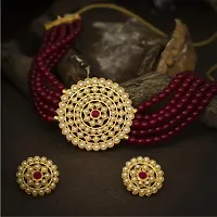 Gold Plated Choker Necklace and Earring With Adjustable Dori For Women and Girls(Maroon).-thumb2
