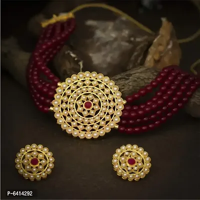 Gold Plated Choker Necklace and Earring With Adjustable Dori For Women and Girls(Maroon).-thumb3