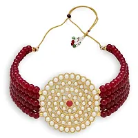 Gold Plated Choker Necklace and Earring With Adjustable Dori For Women and Girls(Maroon).-thumb3