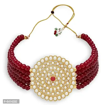 Gold Plated Choker Necklace and Earring With Adjustable Dori For Women and Girls(Maroon).-thumb4