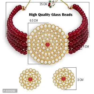 Gold Plated Choker Necklace and Earring With Adjustable Dori For Women and Girls(Maroon).-thumb5