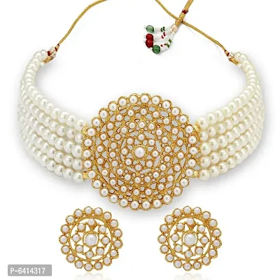 Gold Plated Choker Necklace and Earring With Adjustable Dori For Women and Girls( White).-thumb0