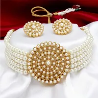 Gold Plated Choker Necklace and Earring With Adjustable Dori For Women and Girls( White).-thumb1