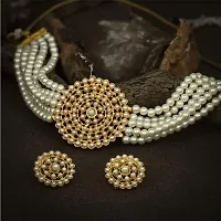 Gold Plated Choker Necklace and Earring With Adjustable Dori For Women and Girls( White).-thumb2