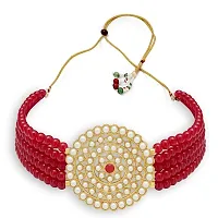 Gold Plated Choker Necklace and Earring With Adjustable Dori For Women and Girls(Red).-thumb2