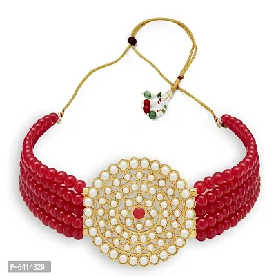 Gold Plated Choker Necklace and Earring With Adjustable Dori For Women and Girls(Red).-thumb3