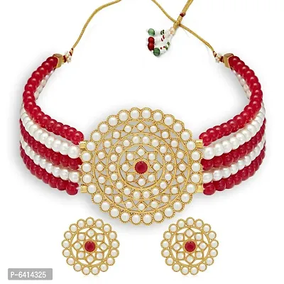 Gold Plated Choker Necklace and Earring With Adjustable Dori For Women and Girls(Red and White).