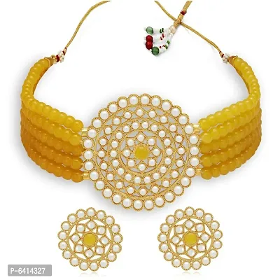 Gold Plated Choker Necklace and Earring With Adjustable Dori For Women and Girls(Yellow).-thumb0