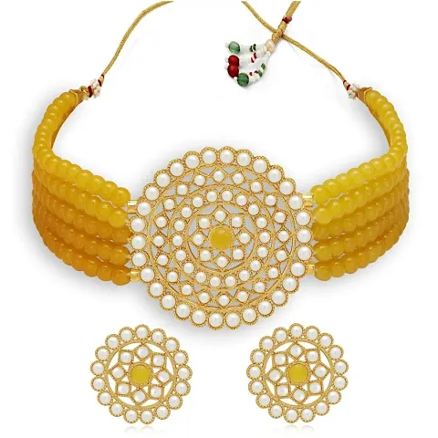 Gold Plated Choker Necklace and Earring With Adjustable Dori For Women and Girls
