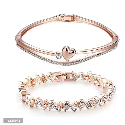Fashion Rose Gold Gold-Plated Cubic Zirconia Stylish and Heart Kada Bracelet for Women and Girls(Combo)