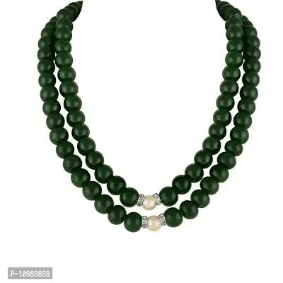 ADF-Pearl Dual Layered White and Green Crystal Necklace Set for Women  Men.