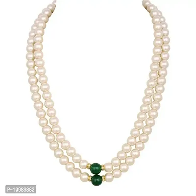 ADF-Pearl Dual Layered White and Green Crystal Necklace Set for Women  Men.