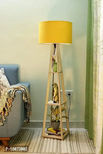 Decorative Wooden Tripod Floor lamp with Natural Beige Shade 3 Tier Shelf for Home Decor, Living Room Study Room (Yellow)-thumb0