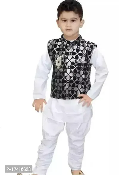 Stylish Black Cotton Kurta Pejama Set With Jacket For Boys-thumb0