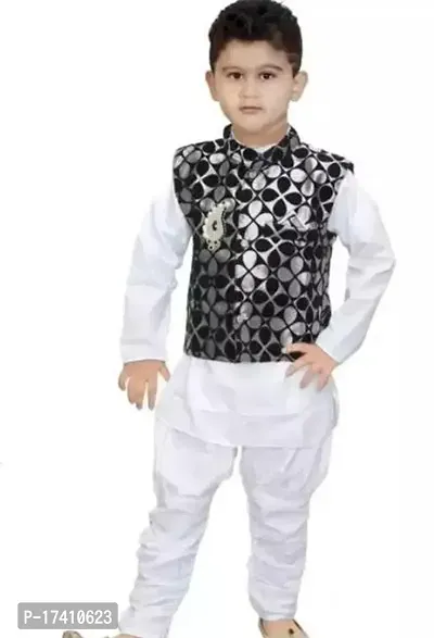 Stylish Black Cotton Kurta Pejama Set With Jacket For Boys