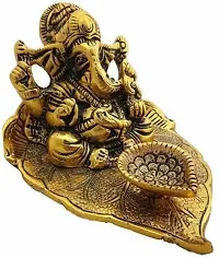 Designer Beautiful Ganesh Sitting On Pipal Leaf With Diya Metal Statue Home-Office-Decoration-Gifting Item Decorative Showpiece - 3 Cm-thumb1