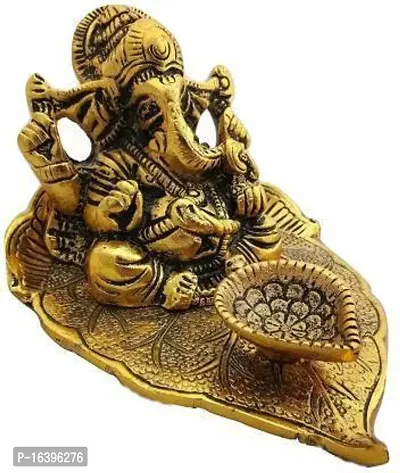 Designer Beautiful Ganesh Sitting On Pipal Leaf With Diya Metal Statue Home-Office-Decoration-Gifting Item Decorative Showpiece - 3 Cm-thumb2