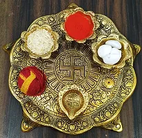 Designer Pooja Thali Set With Diya Gold Plated For Home And Office Temple And Pooja Aluminium-thumb1