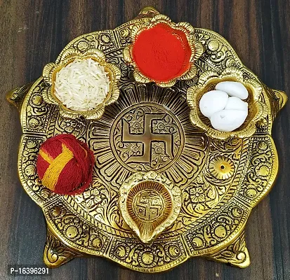 Designer Pooja Thali Set With Diya Gold Plated For Home And Office Temple And Pooja Aluminium-thumb2