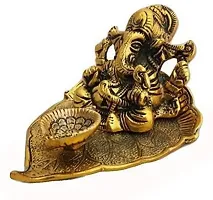 Designer Beautiful Ganesh Sitting On Pipal Leaf With Diya Metal Statue Home-Office-Decoration-Gifting Item Decorative Showpiece - 3 Cm-thumb3