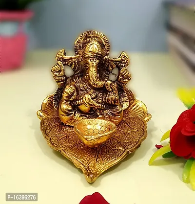 Designer Beautiful Ganesh Sitting On Pipal Leaf With Diya Metal Statue Home-Office-Decoration-Gifting Item Decorative Showpiece - 3 Cm