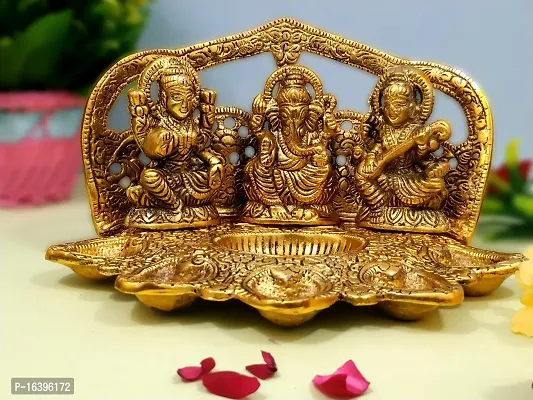 Designer Ganesh Laxmi Saraswati Idol With 5 Face Diya For Home And Office Table Diya Decorative Showpiece - 14 Cm