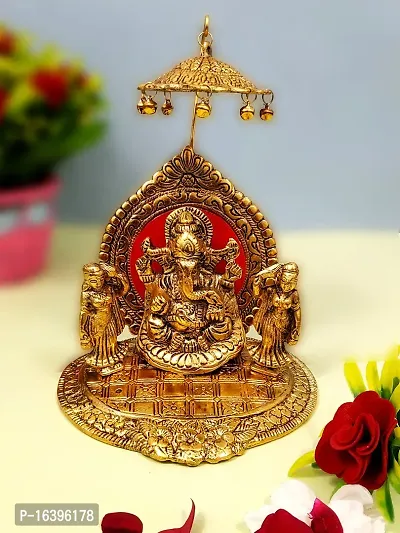 Designer White Metal Gold Plated Ridhi Sidhi Ganesh With Chatra Showpiece Idol For Home Decor And Gift Purpose Decorative Showpiece Decorative Showpiece - 18 Cm