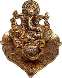 Designer Beautiful Ganesh Sitting On Pipal Leaf With Diya Metal Statue Home-Office-Decoration-Gifting Item Decorative Showpiece - 3 Cm-thumb2