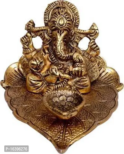 Designer Beautiful Ganesh Sitting On Pipal Leaf With Diya Metal Statue Home-Office-Decoration-Gifting Item Decorative Showpiece - 3 Cm-thumb3