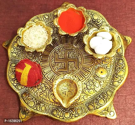 Designer Pooja Thali Set With Diya Gold Plated For Home And Office Temple And Pooja Aluminium