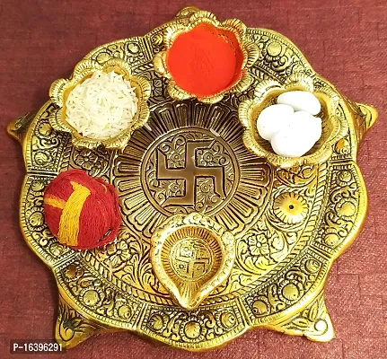 Designer Pooja Thali Set With Diya Gold Plated For Home And Office Temple And Pooja Aluminium-thumb0