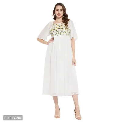Ruhaans Womens Polychiffon Embroidered With Polyster Lining White Dress-thumb0