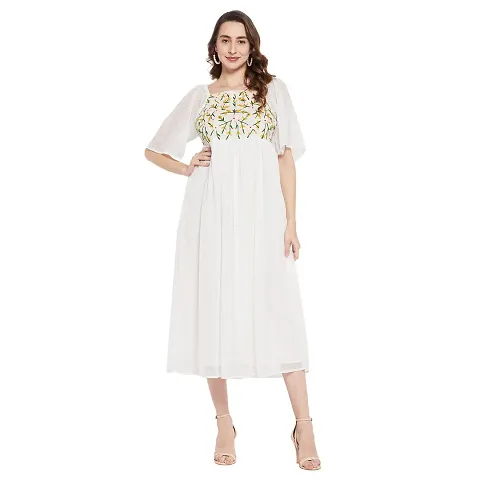 Ruhaans Womens Polychiffon Embroidered With Polyster Lining White Dress