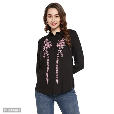 Ruhaans Womens Rayon Embroidered Black and Pink Shirt