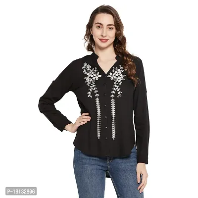 Ruhaans Womens Rayon Embroidered Black and White Shirt