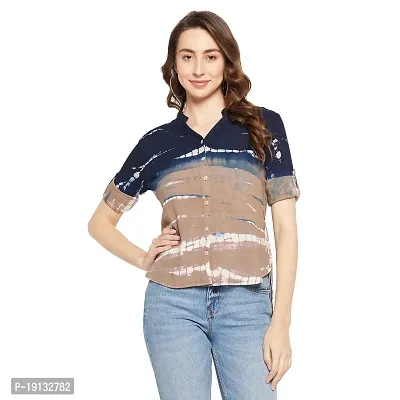 Ruhaans Womens Rayon Tie and Dye Beige and Navy Shirt