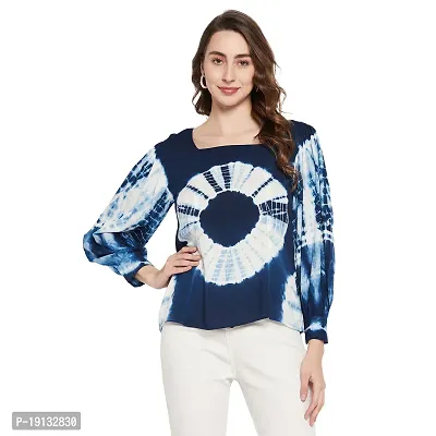 Ruhaans Womens Rayon Tie and Dye Navy Blue and White Top-thumb0