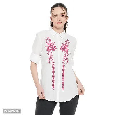 Ruhaans Womens Rayon Embroidered White and Pink Shirt