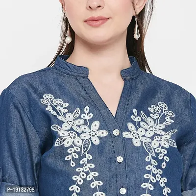 Ruhaans Womens Denim Embroidered Blue Shirt-thumb4