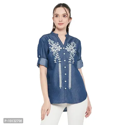 Ruhaans Womens Denim Embroidered Blue Shirt