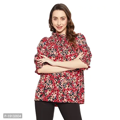 Ruhaans Womens Crepe Floral Black and Red Top
