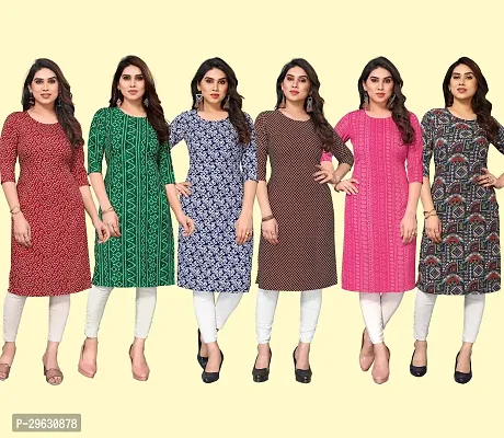 Stylish Multicoloured Crepe Printed Straight Kurti For Women Combo Pack Of 6