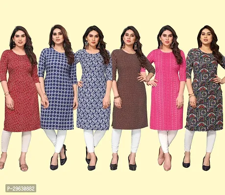 Stylish Multicoloured Crepe Printed Straight Kurti For Women Combo Pack Of 6-thumb0